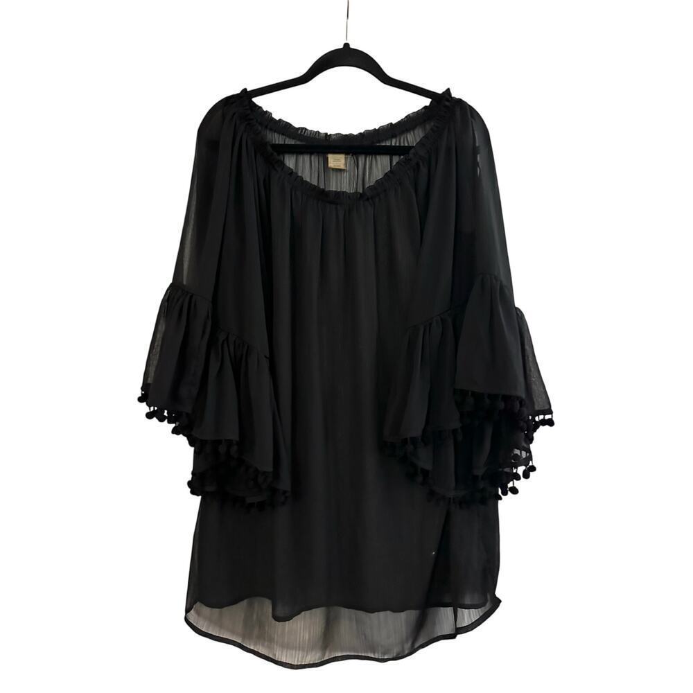 BLEU ROD BEATTIE Sheer Black Pom Pom Bell Sleeve Off Shoulder Boho Cover Up